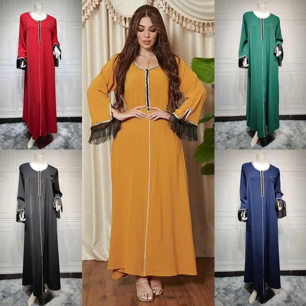 

Dubai Saudi Abaya Muslim Women Diamonds Tassel Long Maxi Dress Turkey Arabic Kaftan Eid Party Ramadan Robe Morocco Jalabiya Gown