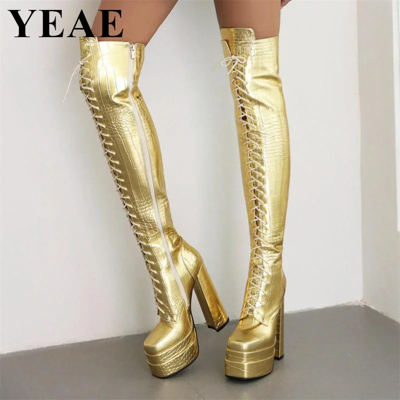 

2023 New Women Thick Sole Platform Over The Knee Boots Lace Up Thigh High Boots Chunky High Heels Shoes Female Long Boots Woman