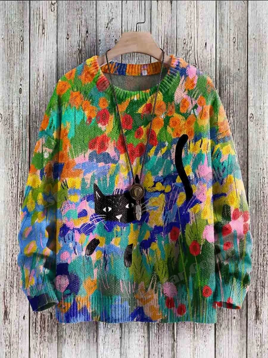 Mona Lisa lustige Katze & Rose dunkle Krähe Muster 3d gedruckt Herren Strick pullover Winter Unisex lässig Strick pullover Pullover zzm57 – Detail 15