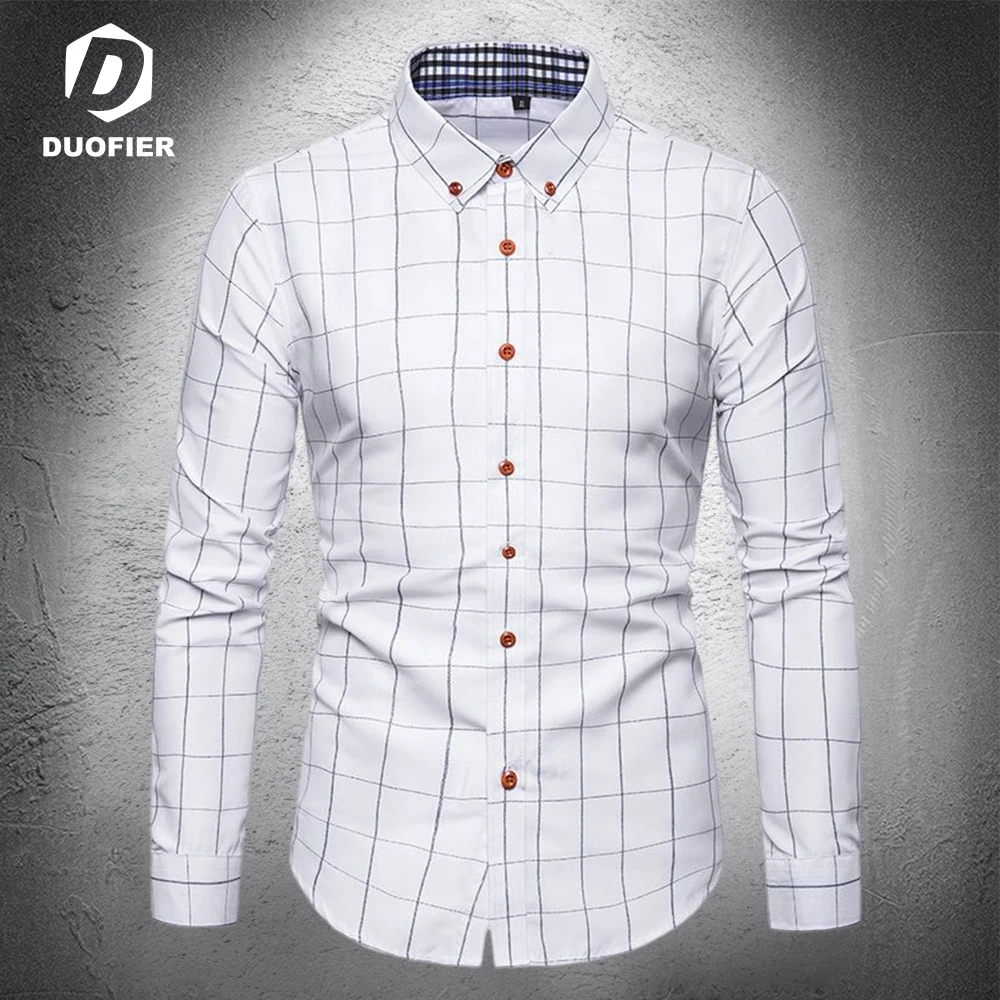 

White Mens Plaid Casual Dress Shirts Slim Fit Long Sleeve Button Down 2023 Fashion Men Work Business Brand Shirt Chemise Homme