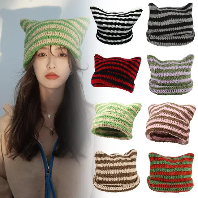 Trendy Little Devil Striped Knitted Cap For Womens Girls Autumn Winter Cute Devil Horn Cat Ear Slouchy Crochet Beanie Hat 1