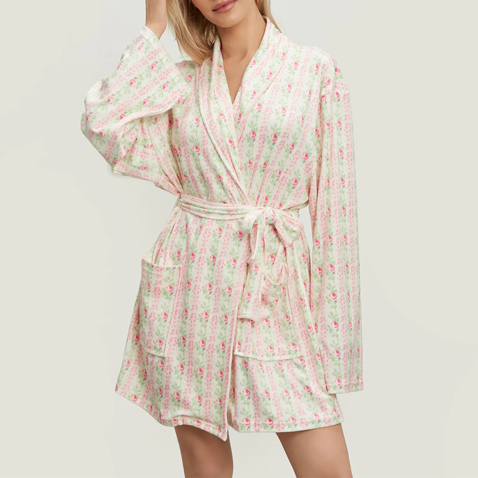 Imcute Women Y2k Fruit Plush Robe Floral Print Shawl Collar Open Front Bathrobe with Belt Spa Kimono Nightgown Loungewear
