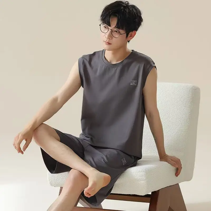 2025 신상 남성 모달 나이트웨어 여름 얇고 부드러운 홈웨어 청년 남성 민소매 수면 상의 & 하의 파자마 세트 남성 잠옷