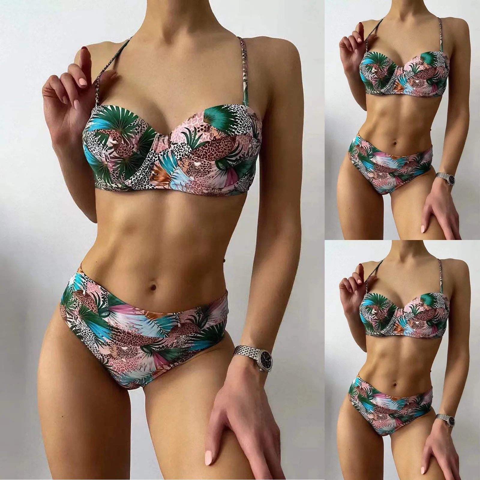 Hawaii Tropical Bikinis Set Women Split High Waist Swimwear Floral Steel Bracket Hard Covered Bikini Swimsuit Female 2022 New | Спорт и