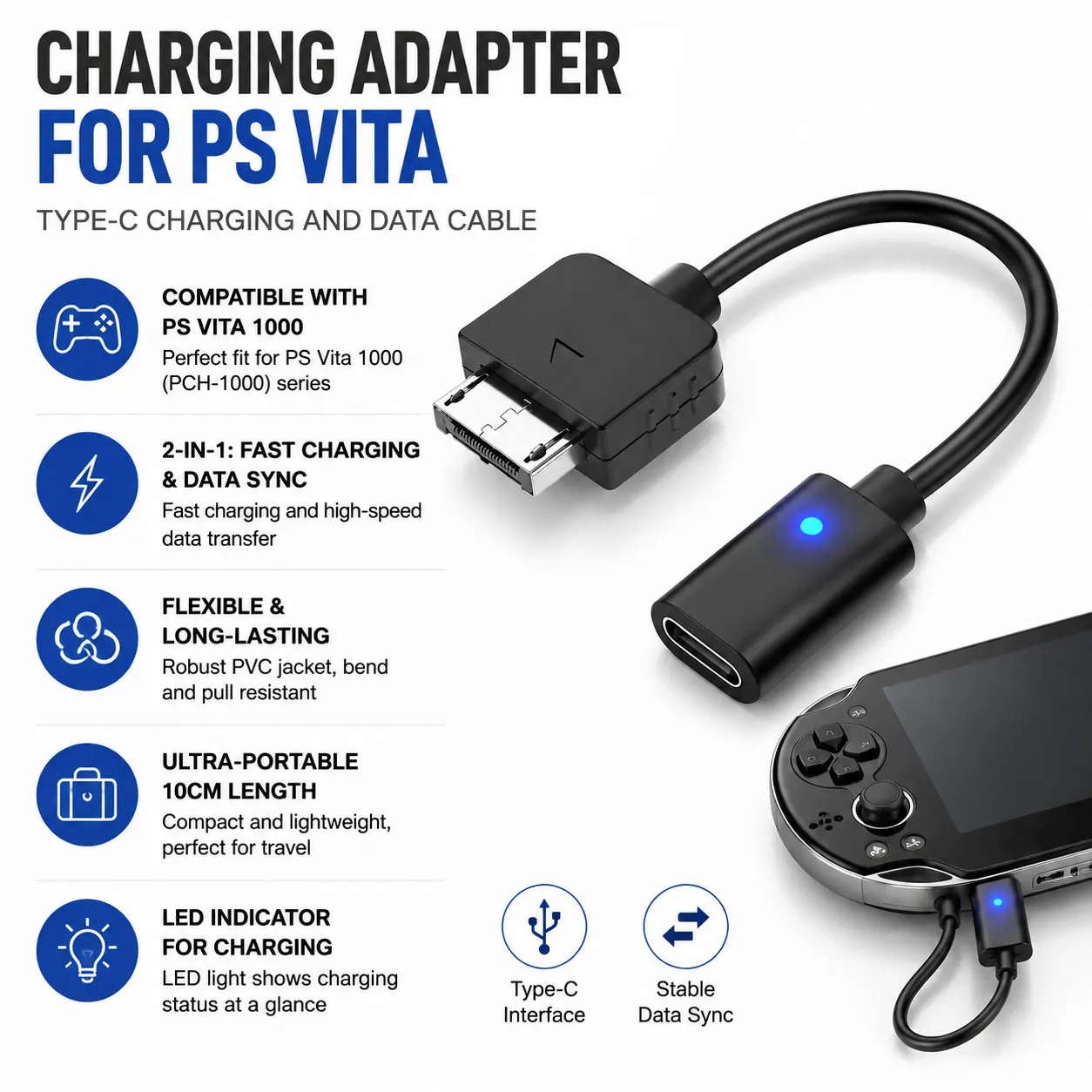 PS ViTA 충전 및 데이터 케이블용 Type-C 충전 어댑터 PS ViTA 충전 데이터 어댑터용 게임 콘솔 전원 공급 와이어