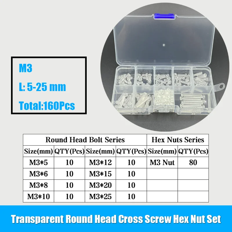 Screw Bolt Nut Set 160Pcs/sets Acrylic Clear transparent Plastic Nylon M3 Diameter 3mm Round Pan Phillips Cross Head Screw Bolt with Hex Nut