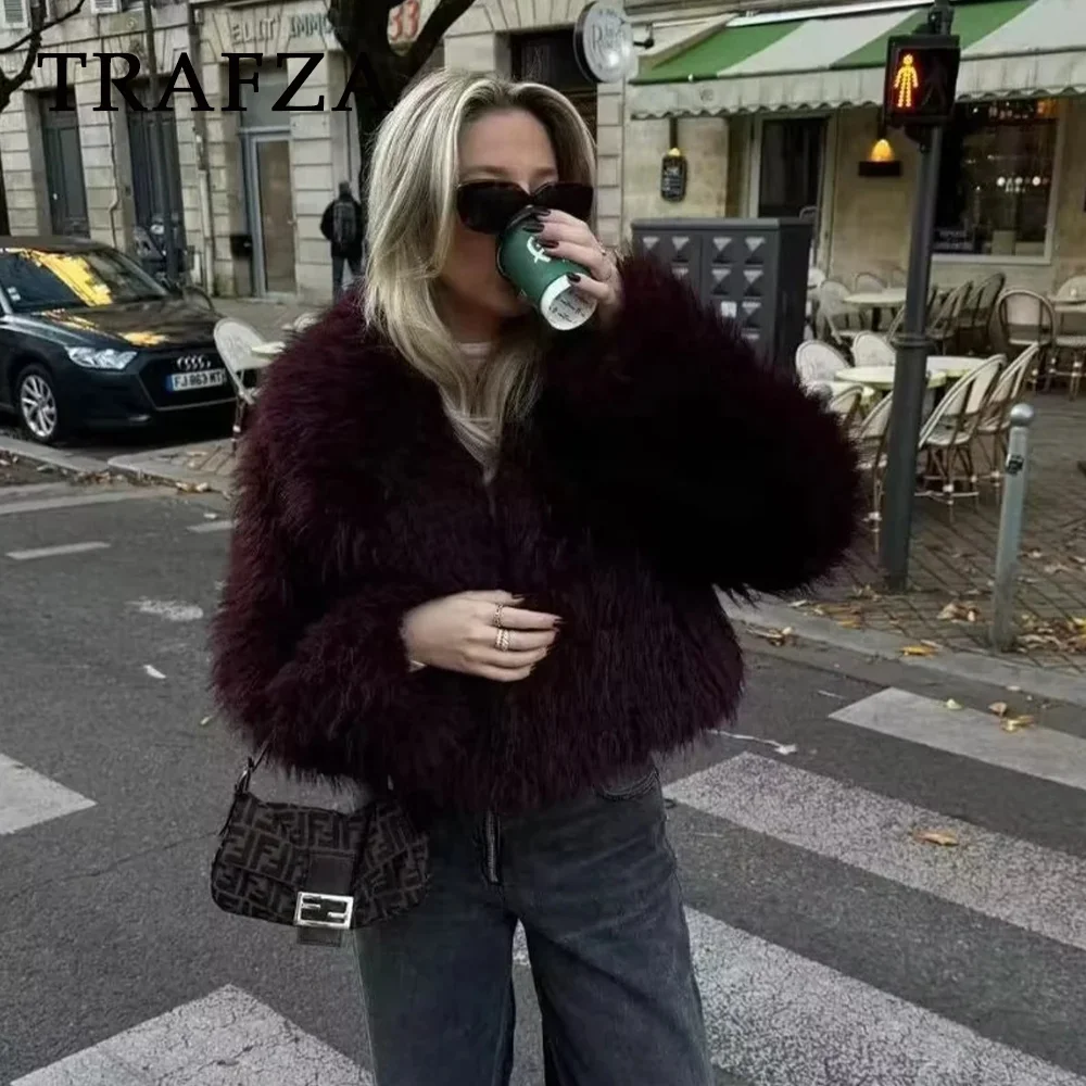TRAFZA 2025 Autumn Winter Women Casual Faux Fur Jackets Fashion Streetwear Solid Turn Down Collar Warm Oversized Thick Coats 4