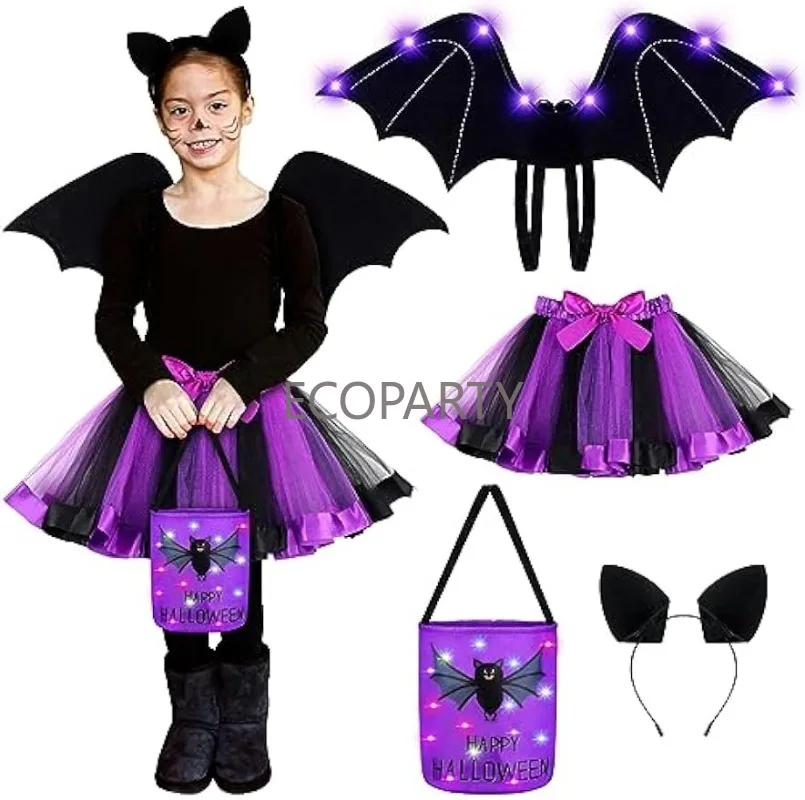 

4 шт. костюм летучей мыши на Хэллоуин для детей, повязка на голову с черным светодиодным крылом летучей мыши, конфетная сумка, аксессуары для косплея на Хэллоуин