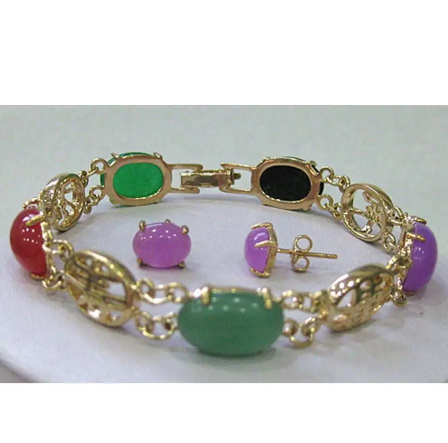 

Free Shipping Stunning Multicolor Jade Jewelry bangle bracelet earrings set jade