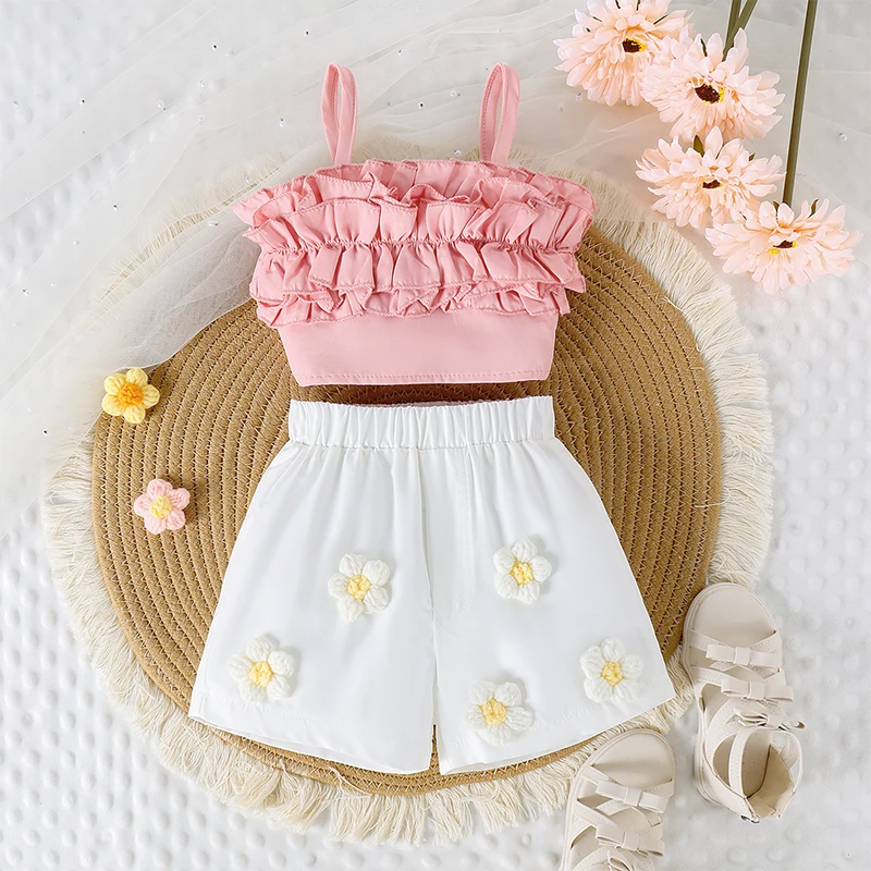

Suefunskry Kids Baby Girls Summer Outfits Cute Sleeveless Ruffled Tank Tops + Crochet Flower Shorts Set Toddler 2Pcs Clothes