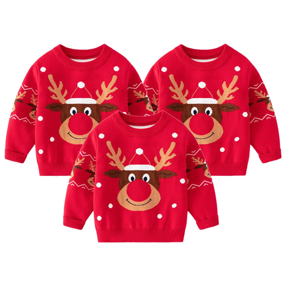 

Christmas Kids Sweater New Casual Baby Warm Elk Printed Knitted Red Long Sleeve Sweater Boys Cute Xmas Tree Pullovers Clothes