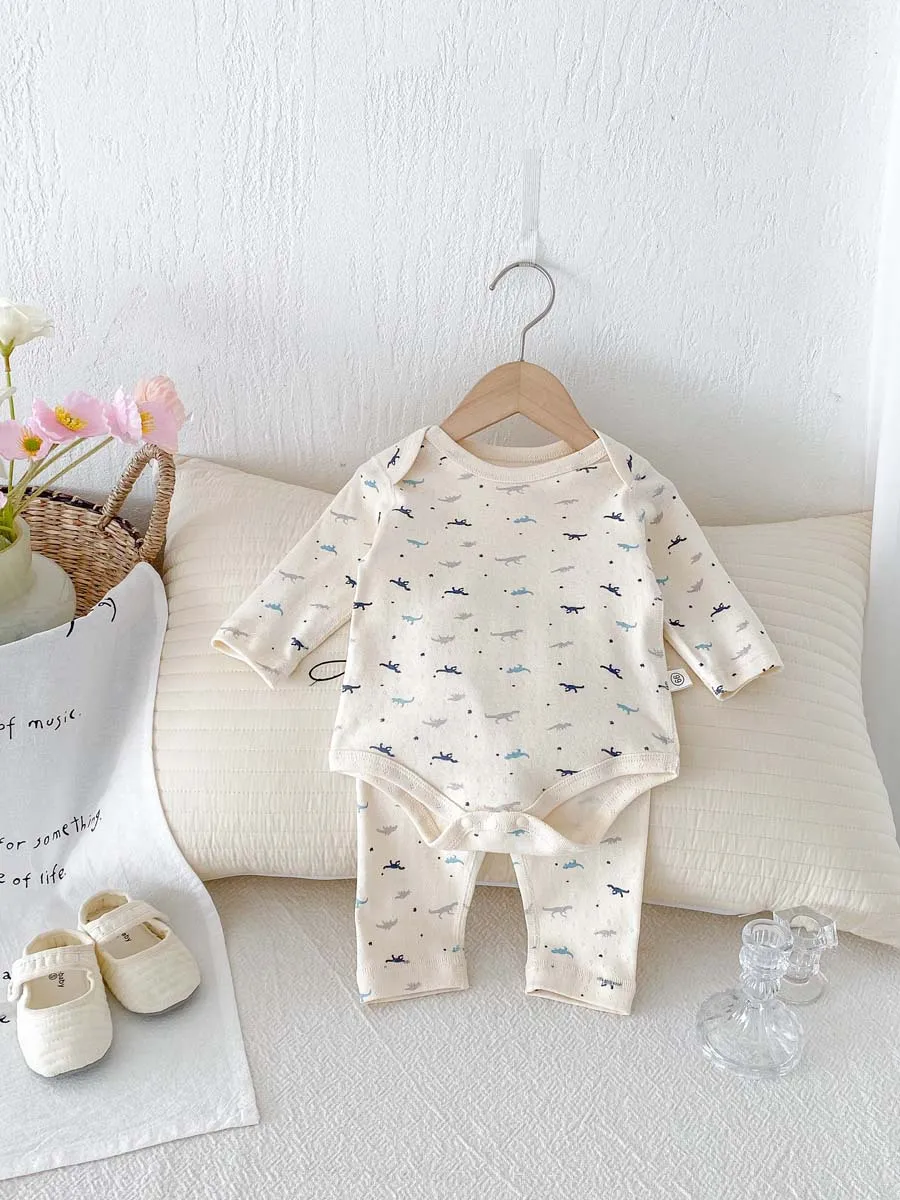 Description Picture 4 of item2025 autumn winter new in kids baby girls boys casual pure cotton clothing , toddler infant dinosaur print bodysuits pants