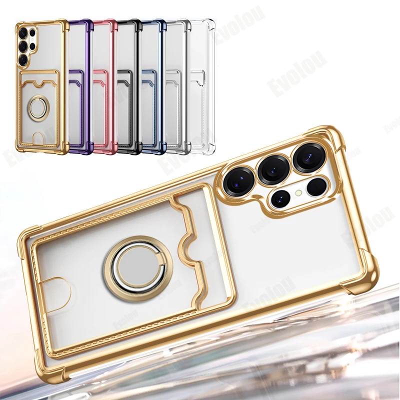 Transparente Plating-Kartenfach-Brieftaschenhülle für Samsung Galaxy S25 Ultra Edge S24 FE S23 Plus S26 mit magnetischem Ständer und stoßfester Abdeckung