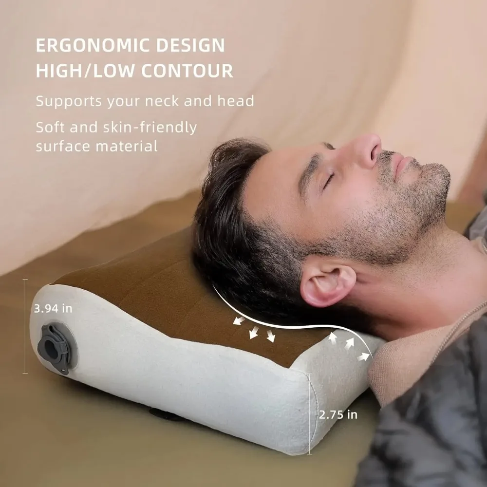 Neck Contour Inflatable Camping Pillow, Ergonomic Travel Pillow Backpacking Gear with Washable Removable  Bladder Trip, Office 6