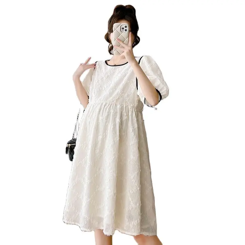 

2024 Summer Pregnant Woman Loose Dress Puff Sleeve O-Neck Maternity A-Line Dress Sweet Pregnancy Chiffon Dress+Lining Wholesale