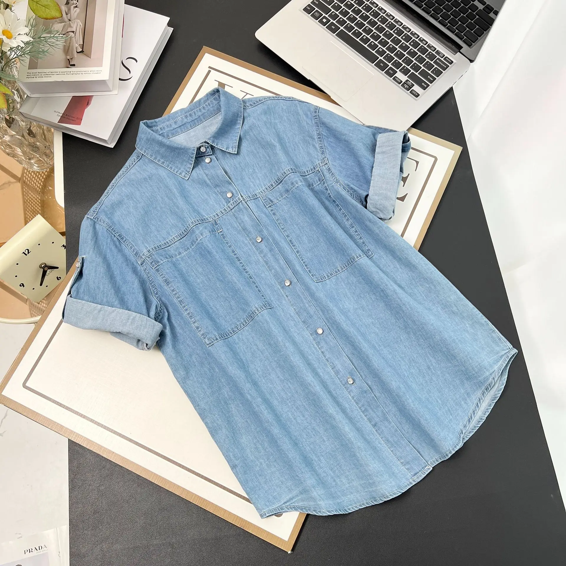 100kg Summer Blouses Fashionable New Half Sleeve Denim Shirt Plus Size Women's Top 7149