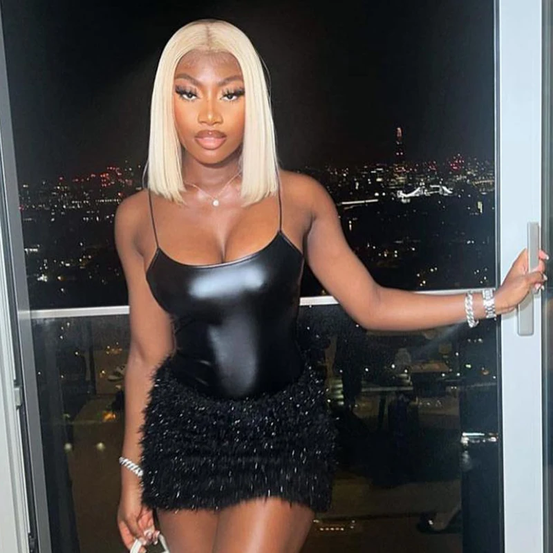 

Winter Women Fashion Festival Party Y2K Outfit Slip Sexy Top Matching Set 2023 Fall Fur Skirts 2 Piece Black Sleeveless