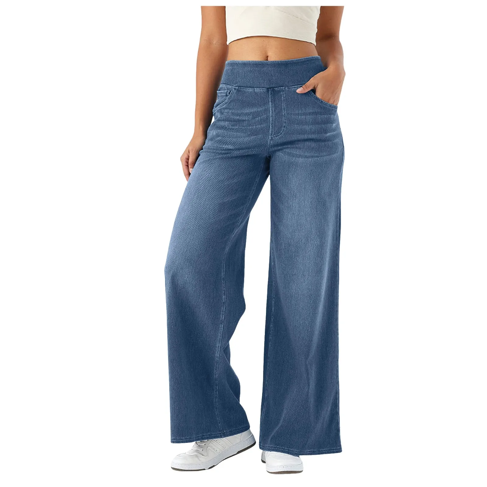 Casual Baggy Jeans Women's Elastic Waistband Wide Leg Jeans Elegant Slim Fit Denim Trousers American Retro Denim Palazzo Pants
