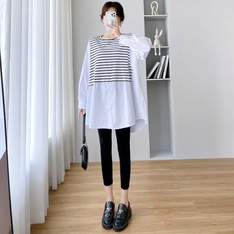 세련된 임산부 셔츠 캐주얼 패치워크 페이크 투피스 트렌디 맘 가을 신상품 중국풍 긴팔 라운드넥
