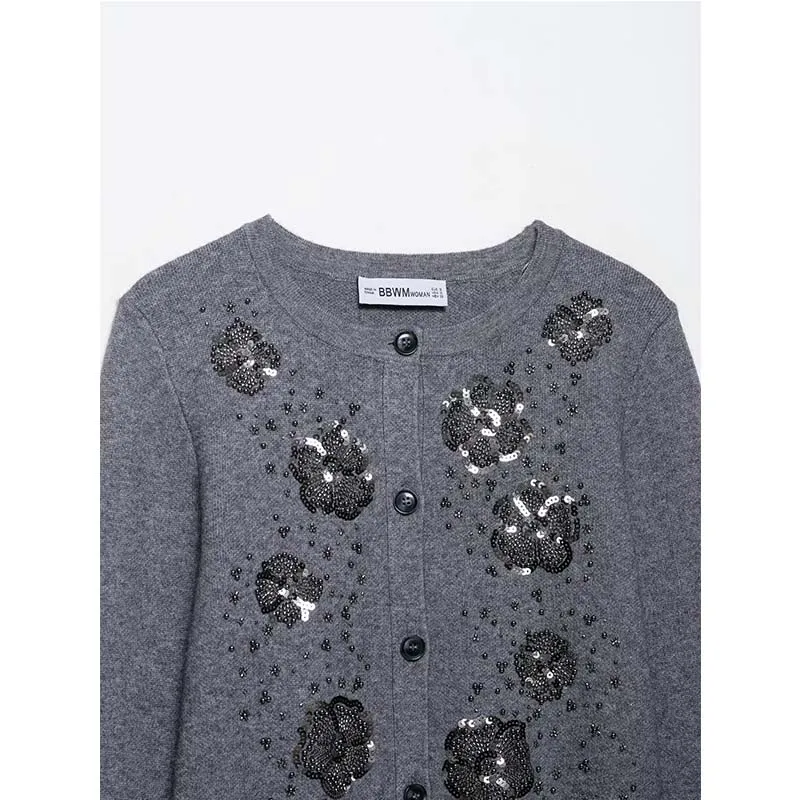 Chic Elegant Bead Women Cardigan O-Neck Long Sleeve Knitted Cardigans For Women Fashion 2025 Autumn Winter Sweater Knitwear Coat