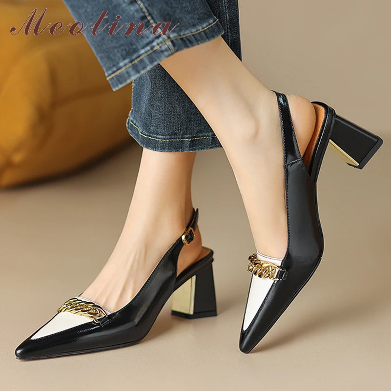 

Meotina Women Genuine Leather Slingbacks Pointed Toe Thick High Heel Pumps Chain Buckle Ladies Fashion Shoes Spring Autumn Black