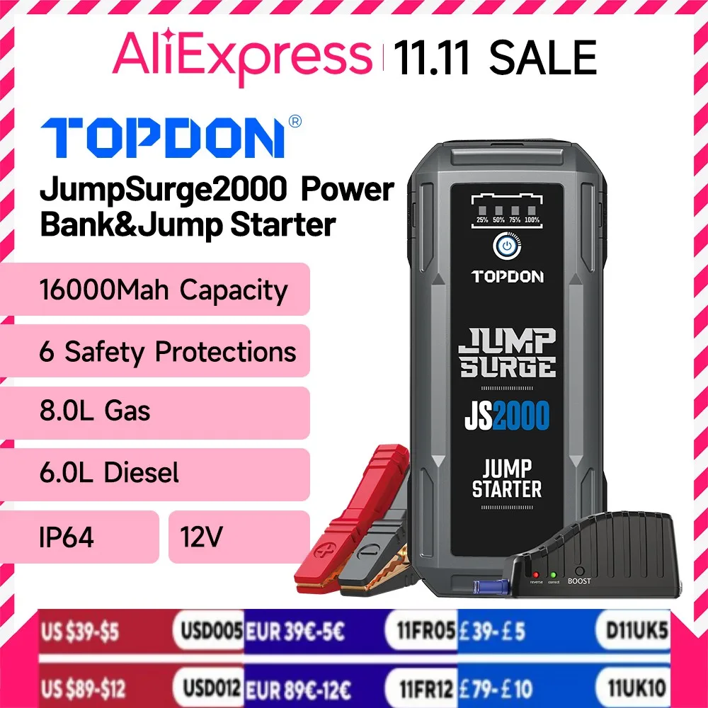 Topdon JS2000 2000A Jump Starter Power Bank 12V Car Starting Device 16000Mah Battery Jump Start for Car Booster car jump starter