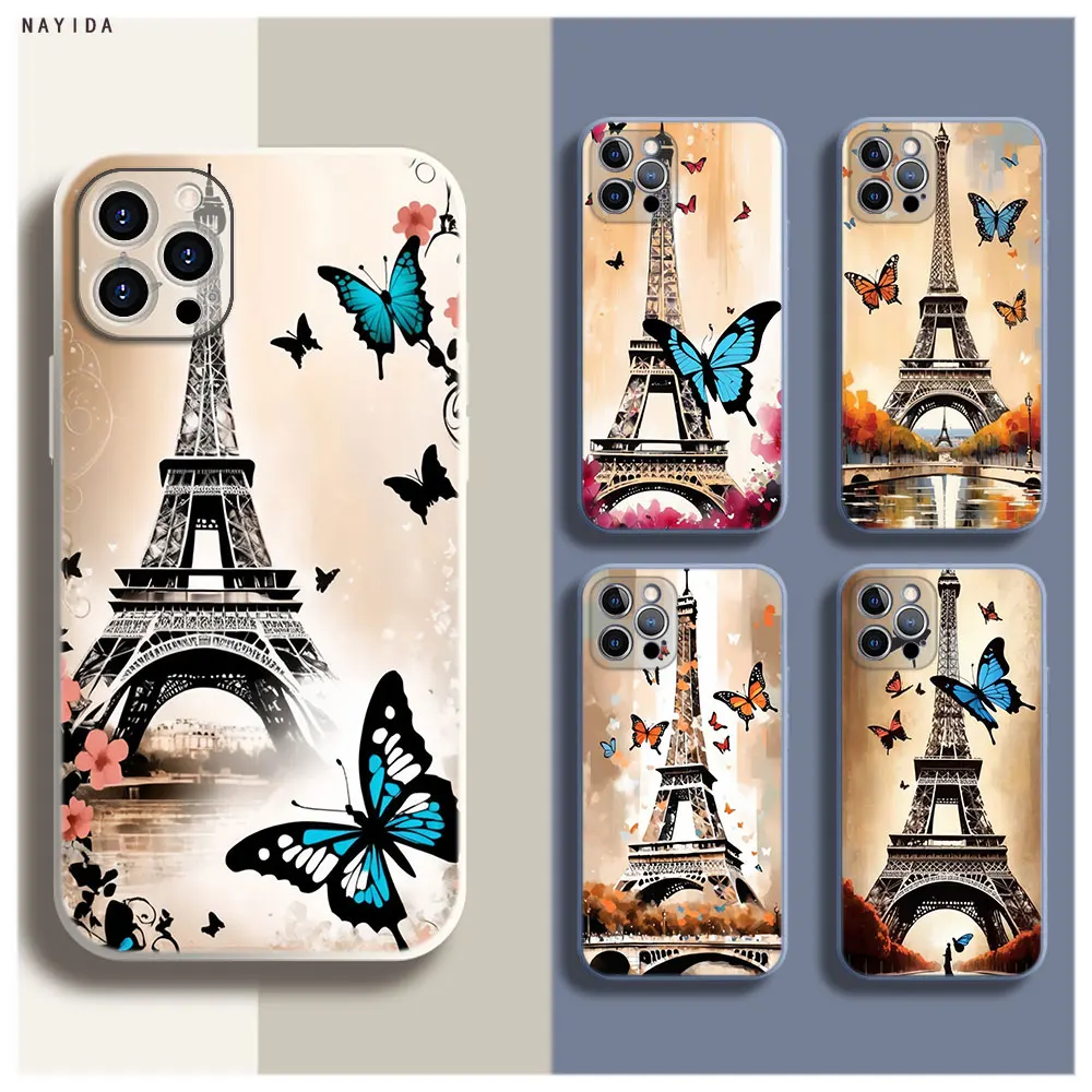 

Phone Case For Iphone 15 14 13 11 12 Mini Pro Max TPU Bag Soft Silicone New Cover Paris Eiffel Tower Butterfly