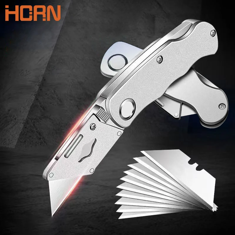 Cuchillo de utilidad, cuchillo plegable con mango de plástico de aluminio, cortador de cables de bolsillo, hoja de cuchillo de alfombra de corte resistente con cerradura, juego portátil