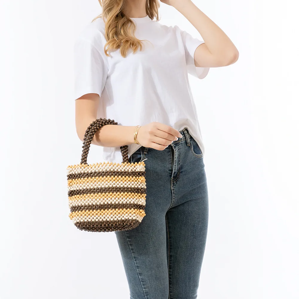 NEW wood bead hand-woven totes bag summer women's bamboo hollowed out clutch female Reticulate netted canvas beach handbag