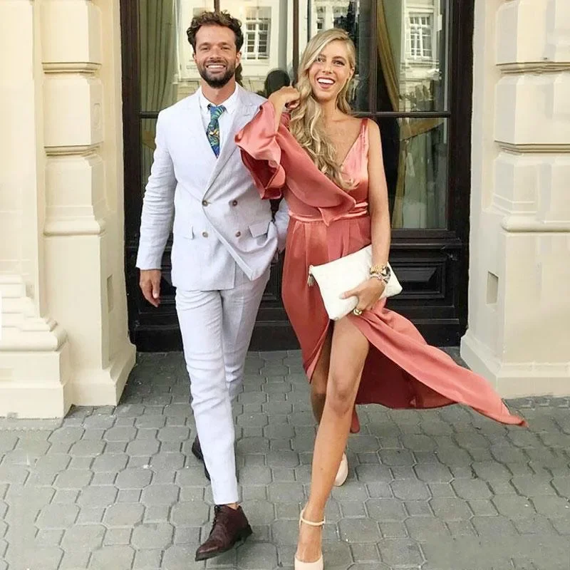 White Linen For Wedding Men Suit Groom Tuxedo Prom Slim Fit Blazer Double Breasted High Quality Custom 2 Piece Set Costume Homme