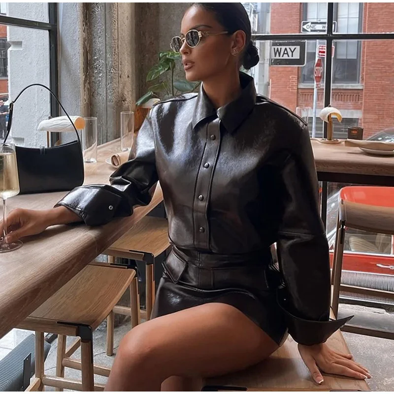 Sexy PU Leather Jacket Mini Skirts Set