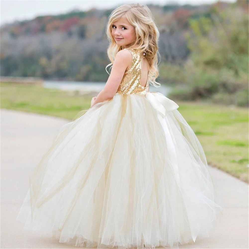 

Tulle Gold Sequin Bow Flower Girl Dress Tie Waistband Open Back Wedding Cute Little Flower Children Communion Party Dress
