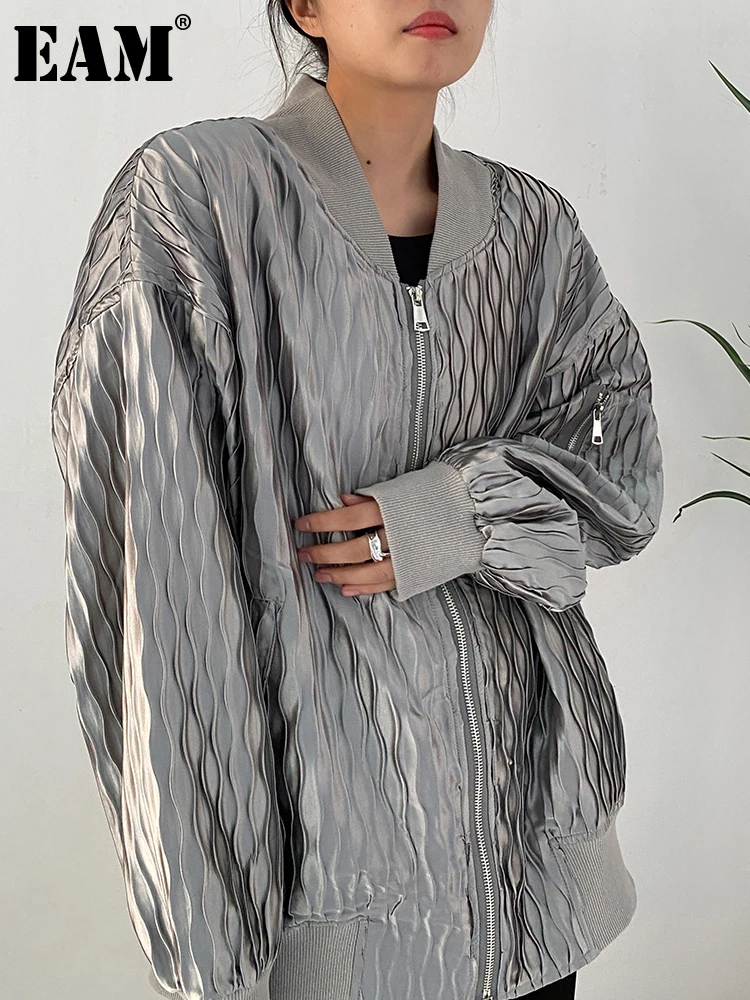 

[EAM] Loose Fit Silver Gray Big Size Jacket New Stand Collar Long Sleeve Women Coat Fashion Tide Spring Autumn 2023 1DF1532