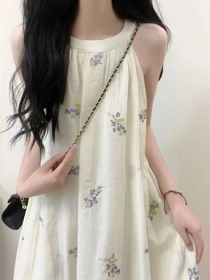 Faionable Korean Loose Floral Dr Women Summer 2024 Sweet Beach Ne Hanging Svel Dr A-Line Midi round Ne