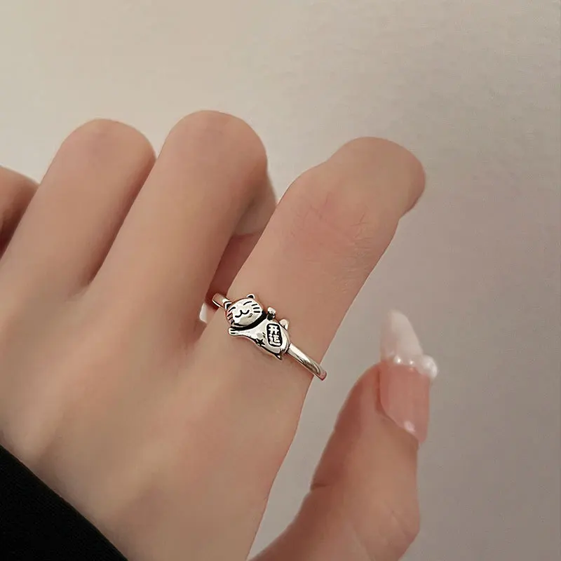 

NBSAMENG 100% Серебро 925 пробы счастливый кот Открытое кольцо для женщин девушки подарок на день рождения винтажные милые ювелирные изделия Прямая поставка оптовая продажа