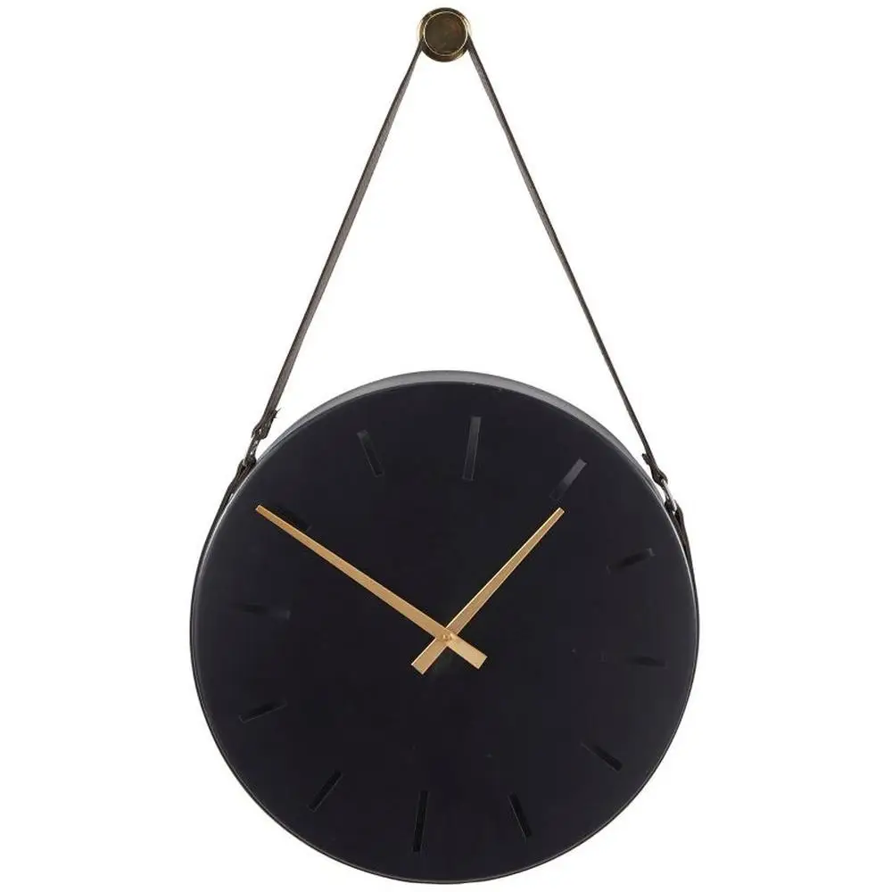 

Stainless Steel Wall Clock with Leather Straps Industrial Chic Design Matte Black Face Gold Hands 27"x16" Silent Movement Modern