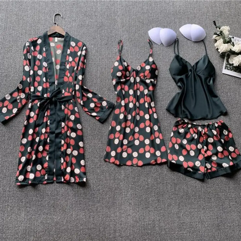 

4 Pcs/Set Women Pajamas Suit Nightgown Nightdress Top Shorts Set Silky Satin Printed Loose Lace-up Waist Thin Women Homewear Set