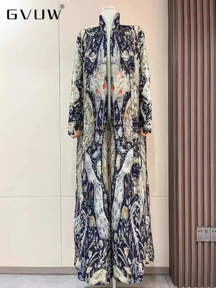 

Женский плиссированный тренчкот GVUW, винтажная свободная ветровка с поясом и воротником-лодочкой, с винтажным принтом, 32C98430, 2024