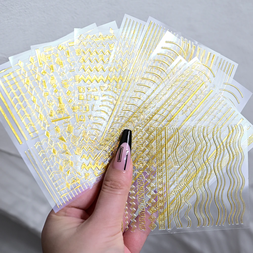 3D Gold Metallic Nail Art Stickers Irregular Stripes French Metallic Wavy Line Self-Adhesive Decals DIY Nail Supplies 12pcs nail stickers decorative stickers nail art decoration nail decals