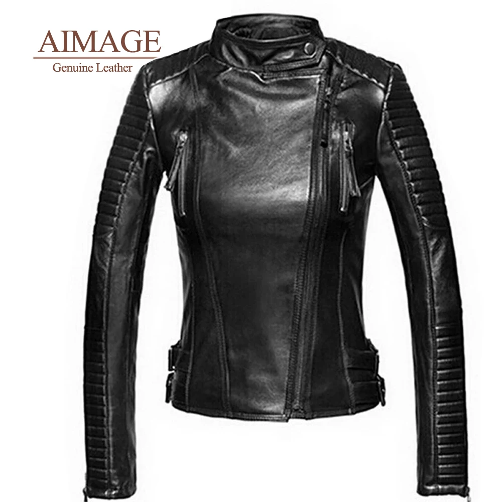 

Spring Genuine Leather Jacket For Women Stand Collar Real Sheepskin Coats Striped Motorcycle Biker Overcoats пальто женско PY004