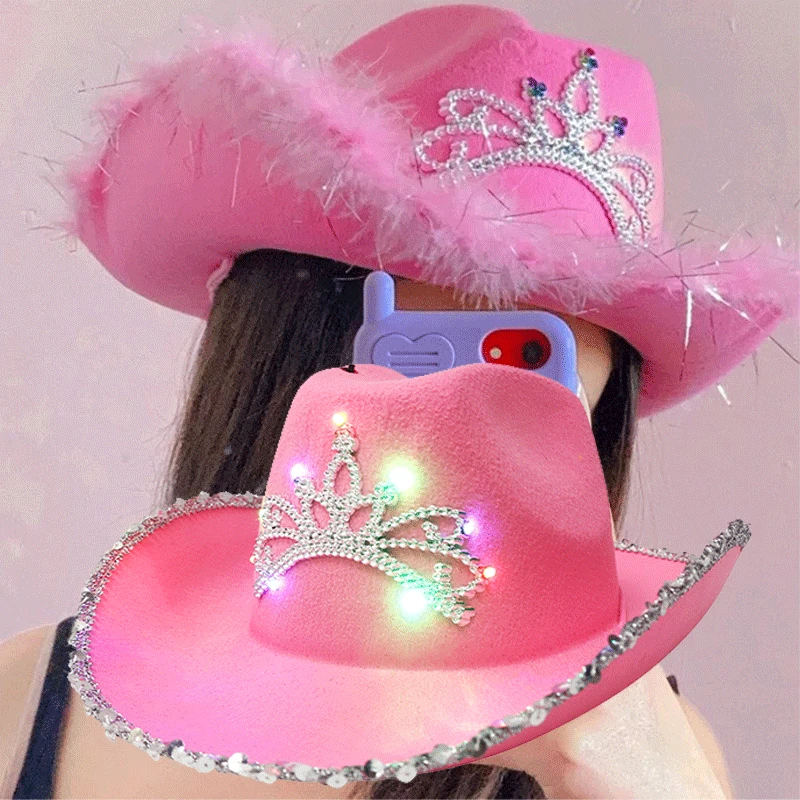 Pink west Cowgirl Hats for Women Cow Girl Hats Tiara Feather Felt Western Sequin Cowboy Hat Costume Party Play Dress Cap 2