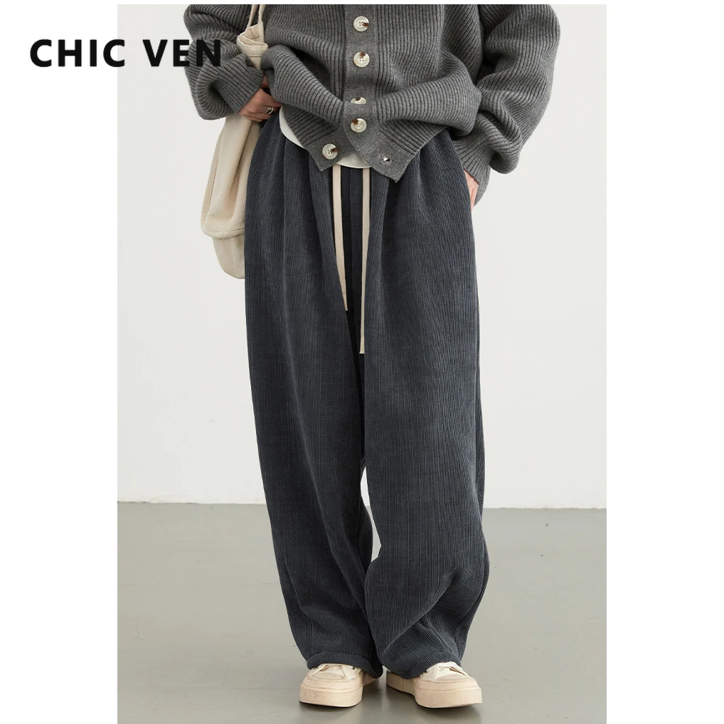 

CHIC VEN Women Pant Loose High Waisted Casual Wide Leg Pants Solid Plush Thick Warm Woman Trousers Spring Autumn 2024