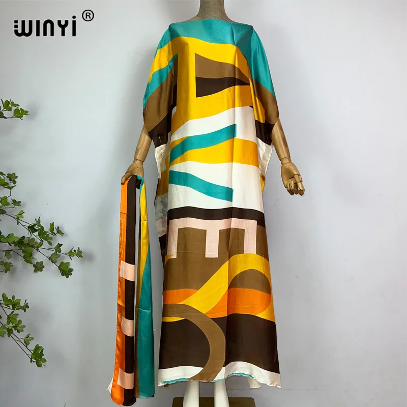 

WINYI новый летний кафтан с поясом женское платье с геометрическим принтом Африканское женское платье 2023 шелковое богемное вечернее платье
