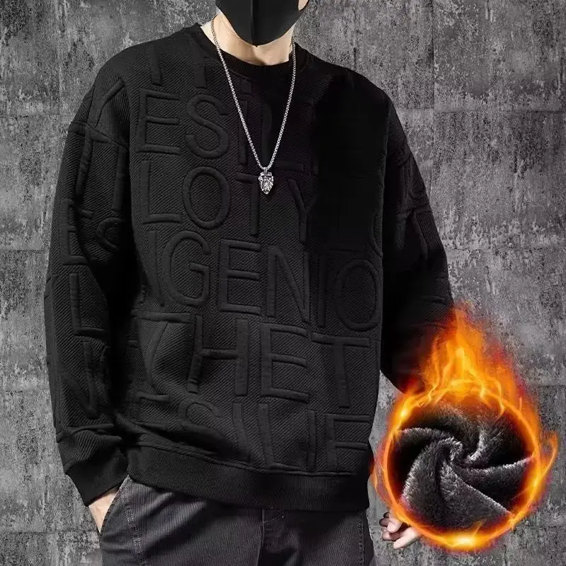 2023 New Winter Velvet Thickened Men's Sweater Warm Autumn and Winter Loose Fashion Round Neck Top Fashion Brand Large Size