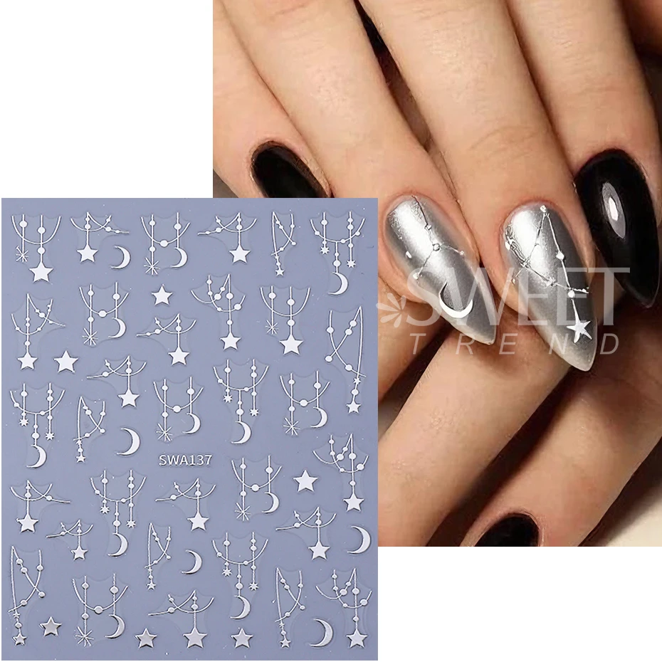 2pcs Bohemian Style Nail Stickers Silver Black Star Moon Chain Stripe Self-adhesive Nail Decals DIY Manicure Slider Decoration