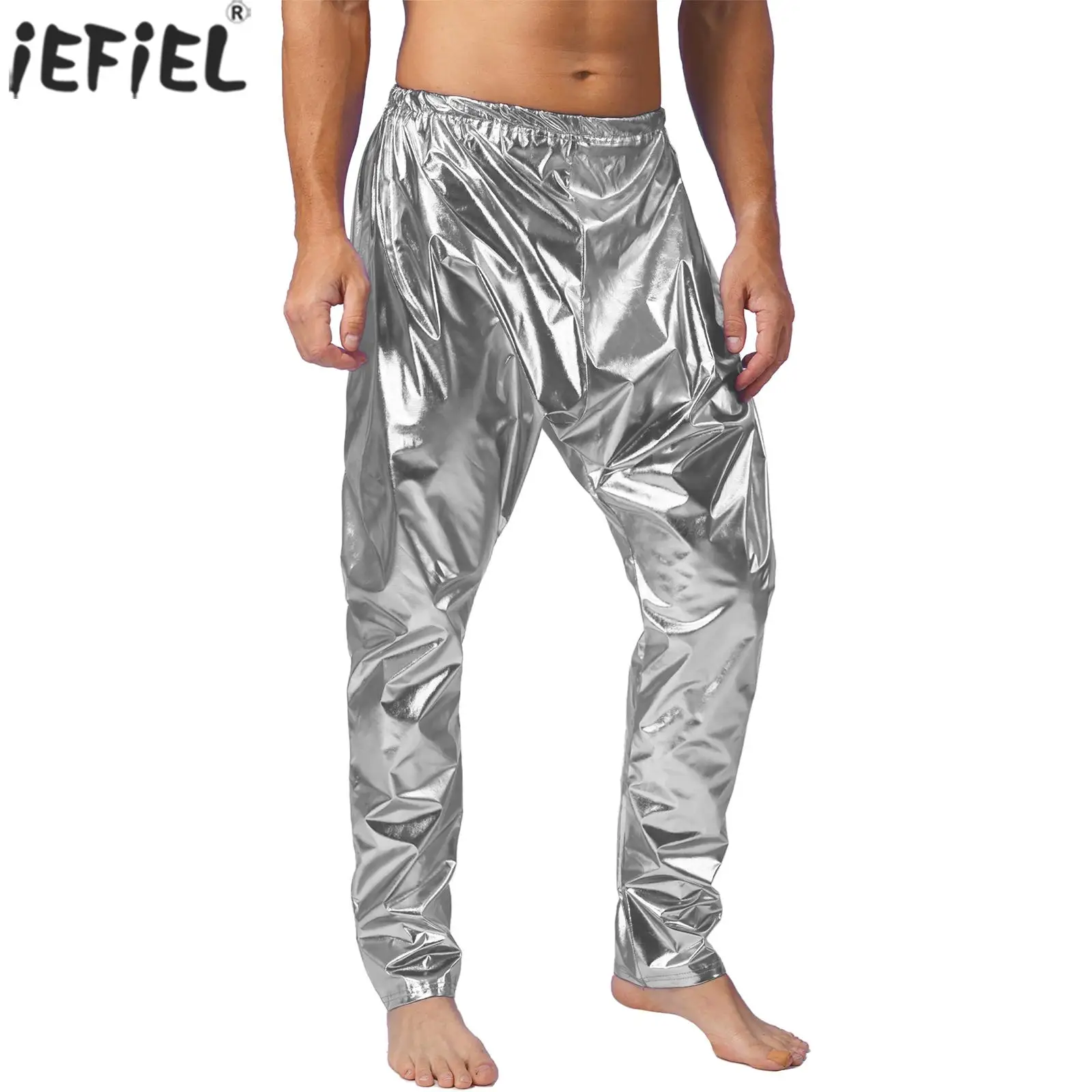 

Mens Hip Hop Dancewear Metallic Shiny Long Pants Elastic Waistband Solid Lightweight Casual Harem Pants for Stage Performance