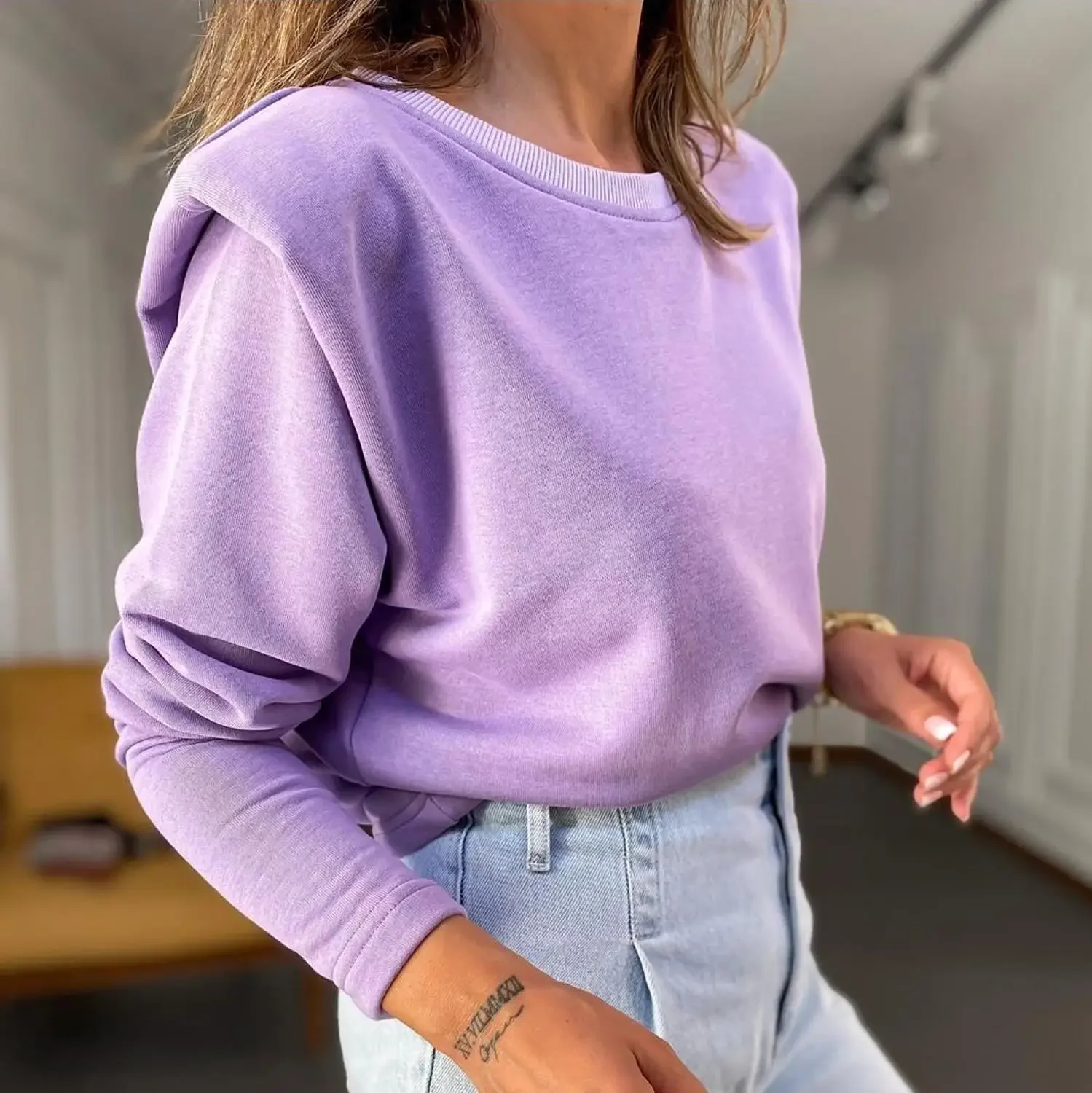 Winter Women Hoodie Round Neck Shoulder Pads Velvet Warm Sweatshirts Fall Female New Long Sleeve Loose Hoodies Solid Casual Tops