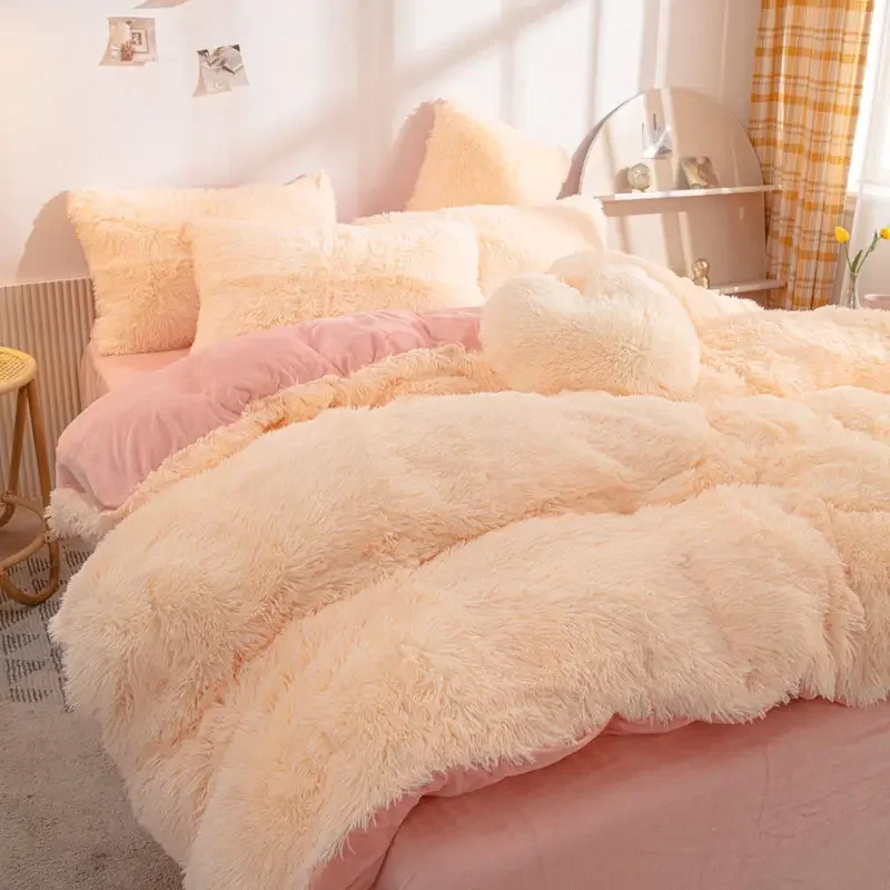 

Luxury Autumn Winter Warm Pink Bedding Set Plush Kawaii Mink Velvet Queen Duvet Cover Set With Sheets Single Double Bedding Sets