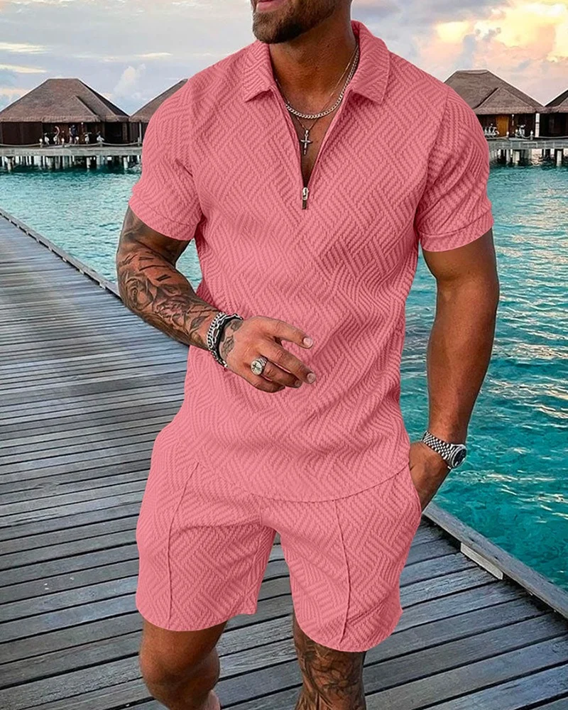 Men's Polo Suit Fashion Men Sets Mens Solid Color Summer V-neck Zipper Short Sleeve POLO Shirt+Shorts Two Pieces Men Casual Suit
