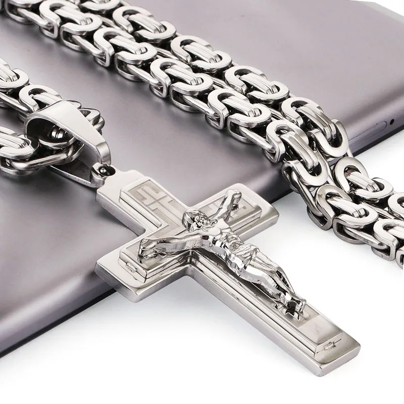 Stainless Steel Necklace Pendant Necklaces Pendant Necklace Metal Necklace Jesus Cross Long Byzantine Chain Stainless Steel Necklaces Pendants for Men Christian Crucifix Necklace Religious Jewelry